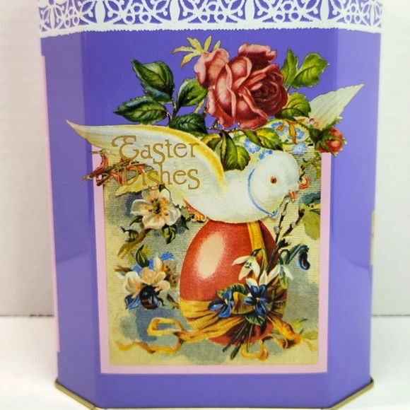 Easter Greetings Wishes Victorian Litho Printed Girl with Birds Tall Tin Box - Picture 6 of 14